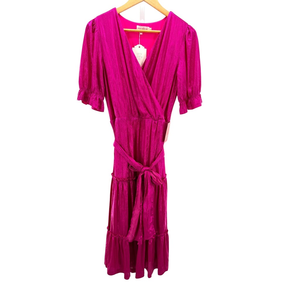 Ivy City Co Millie Dress Pink Metallic Shimmer Belt Midi Womens Small‎ Party New - Picture 2 of 6